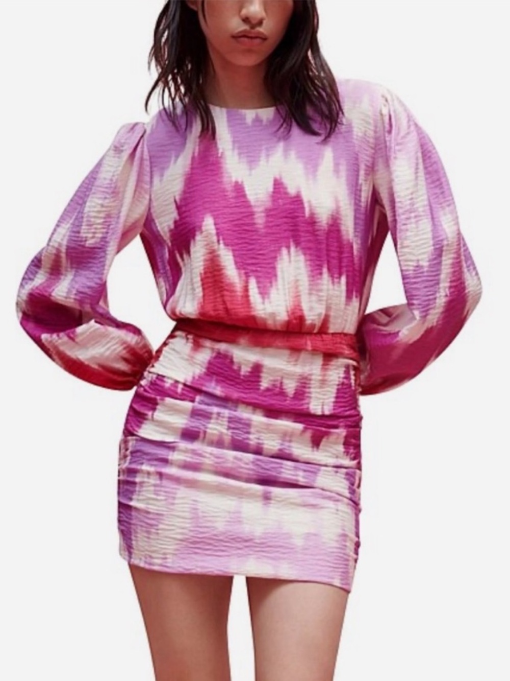 MAJE Ritie Tie Dye Printed Viscose Mini Dress NEW! Size 40 / US 8 Pink Ruched